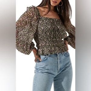 Astr Floral Smocked Blouse - Black and Pink